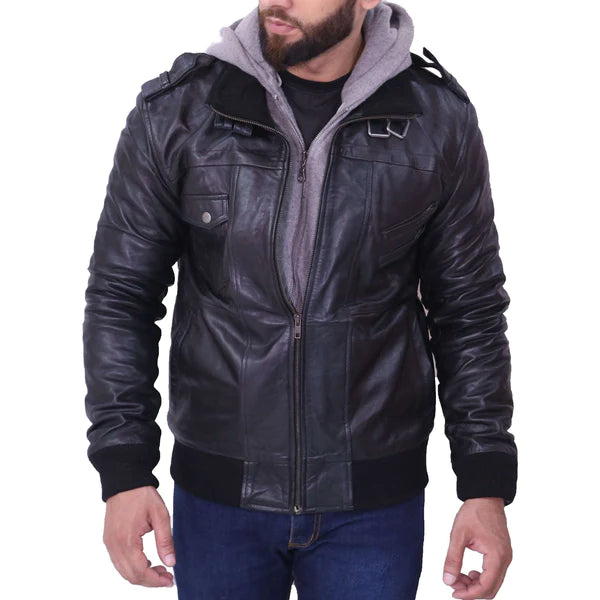 Men Black Leather Casual Motorcycle Jacket with Removable Hood