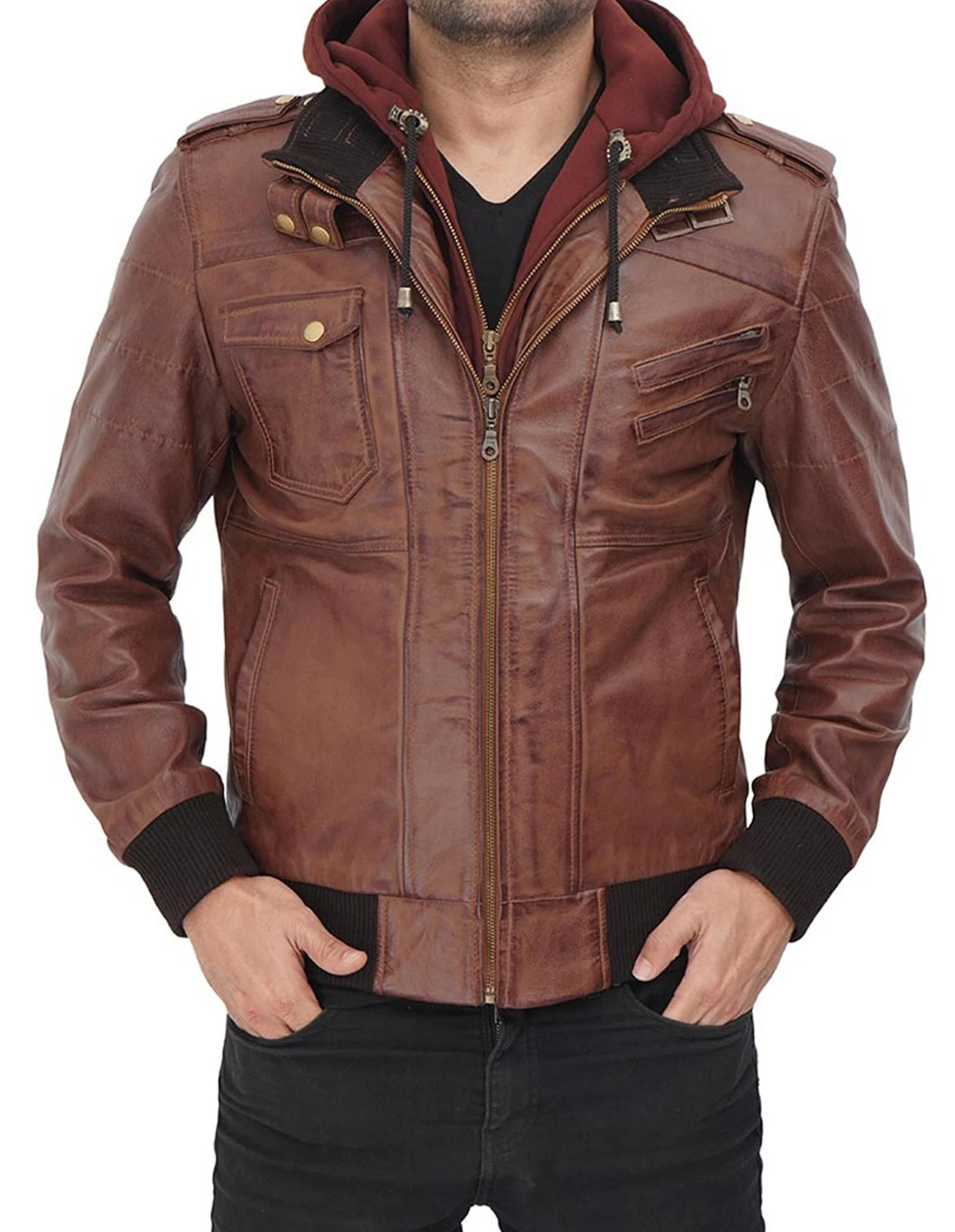 Men Brown Waxed Leather Casual Motorcycle Jacket with Removable Hood