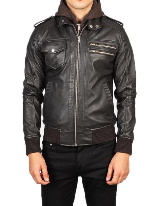Men Black Leather Motorcycle Jacket with Removable Hood