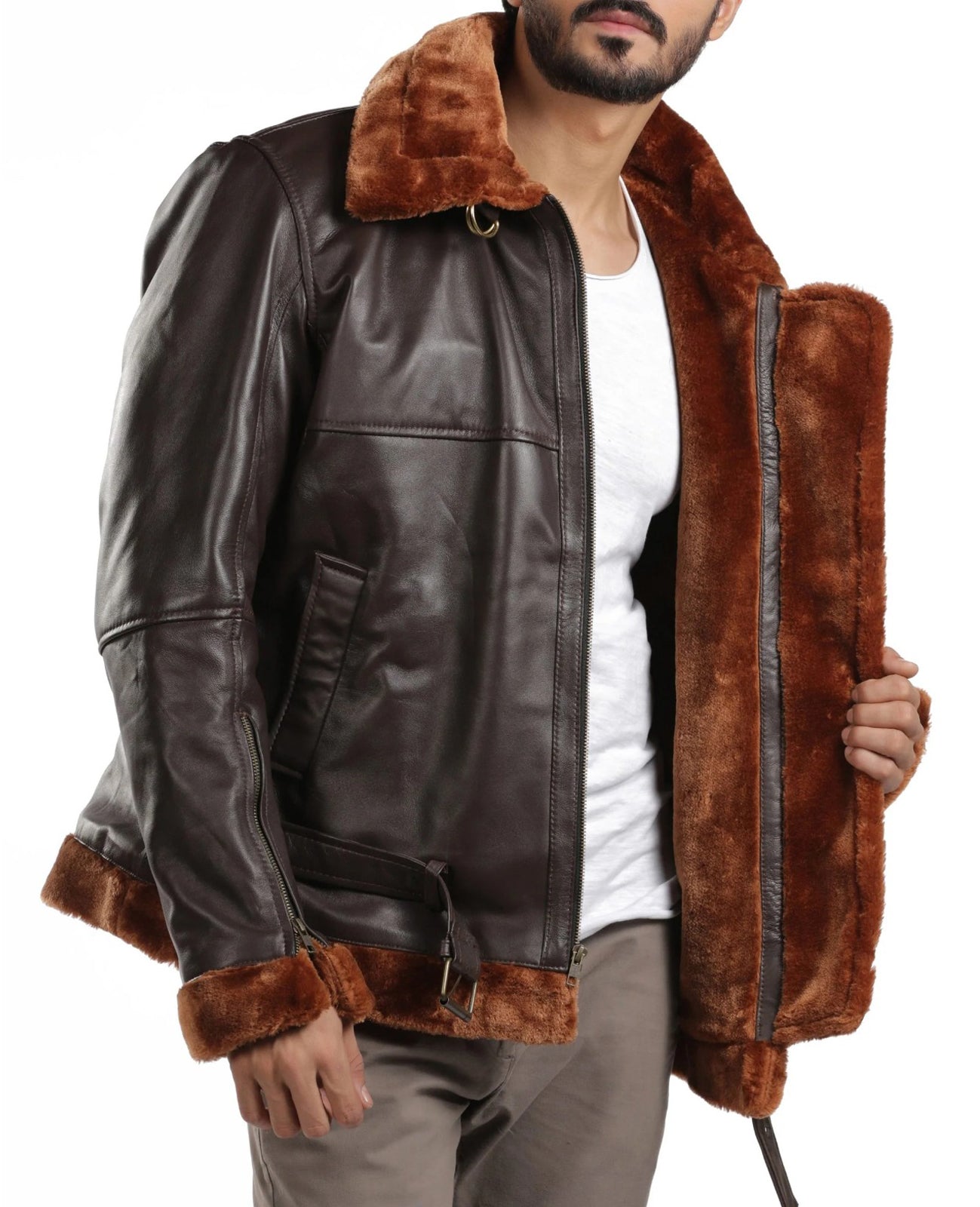 B3 Bomber New Mens Brown Bomber Faux Fur Leather Jacket