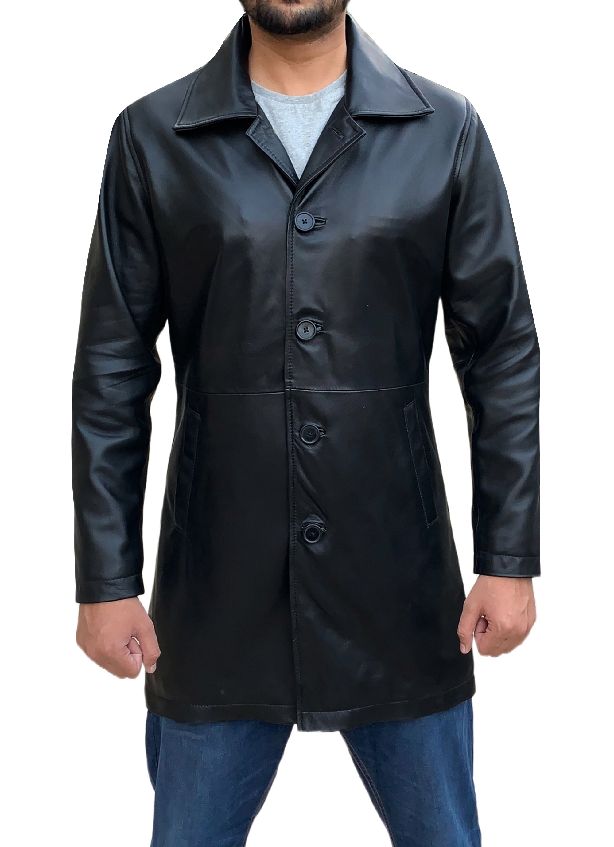 Three Quarter Black Sheepskin Leather Coat For Men