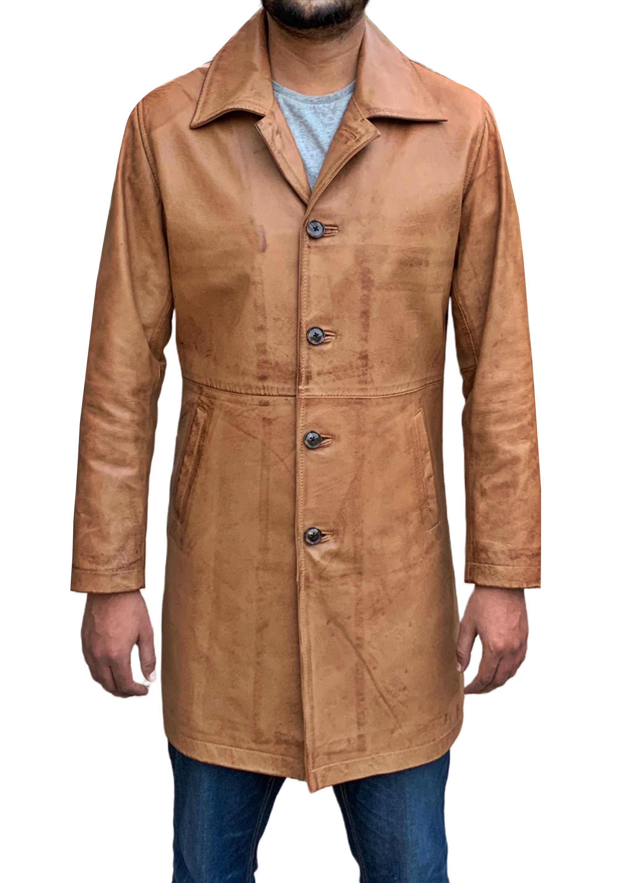 Two Quarter Wax Brown Leather Coat For Men