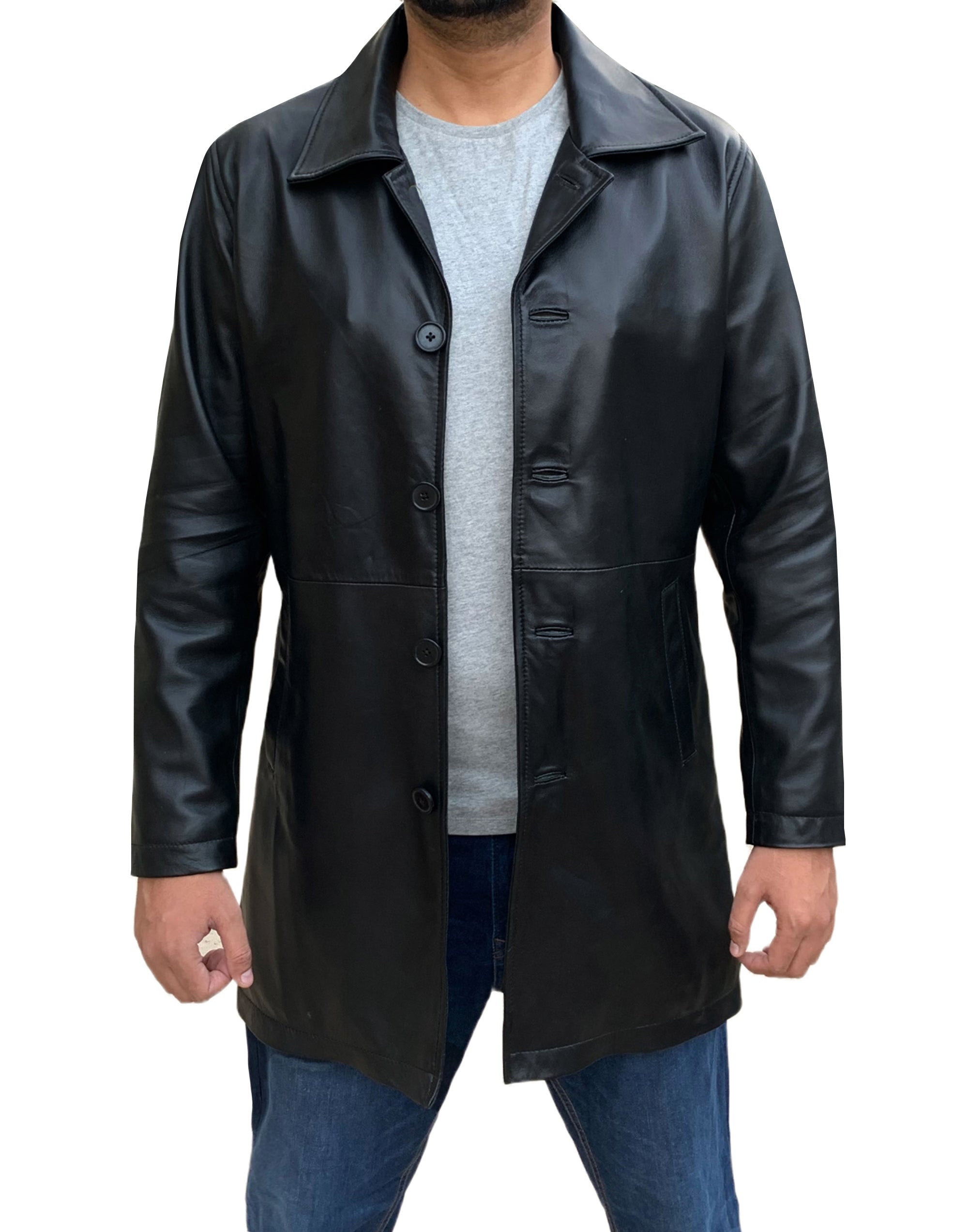 Three Quarter Black Sheepskin Leather Coat For Men