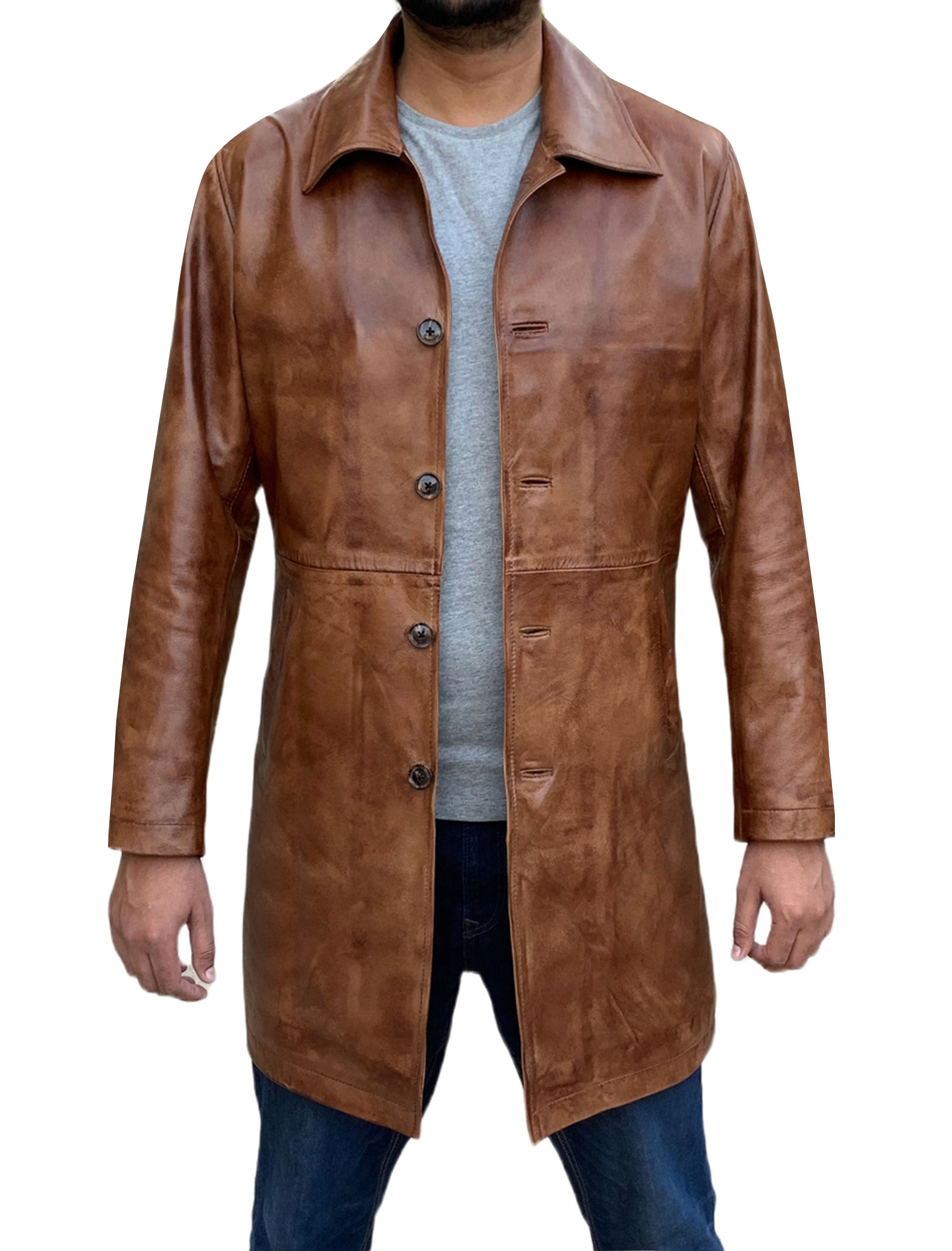 Two Quarter Wax Brown Leather Coat For Men
