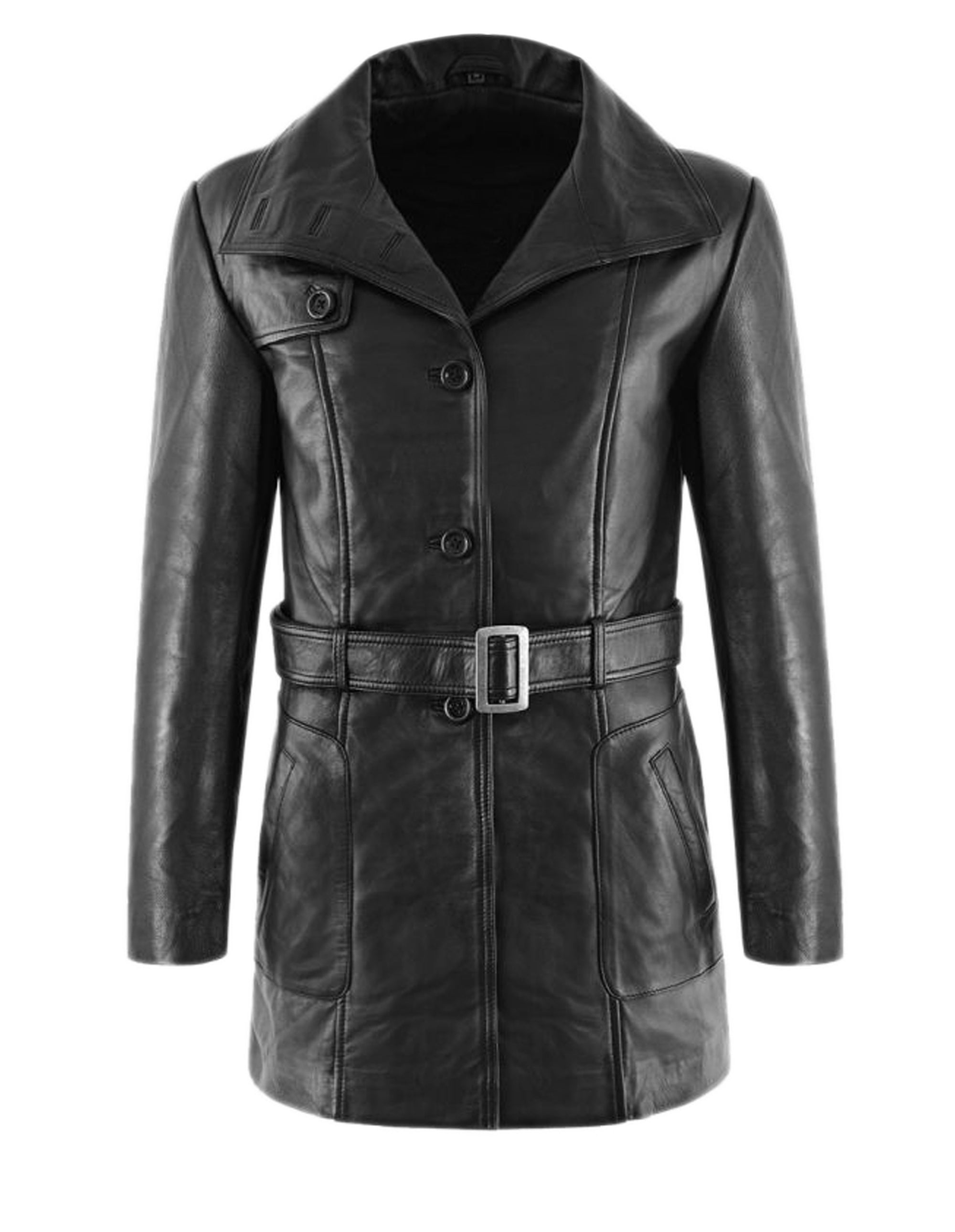 Three Quarter Black Genuine Leather Trench Coat For Women