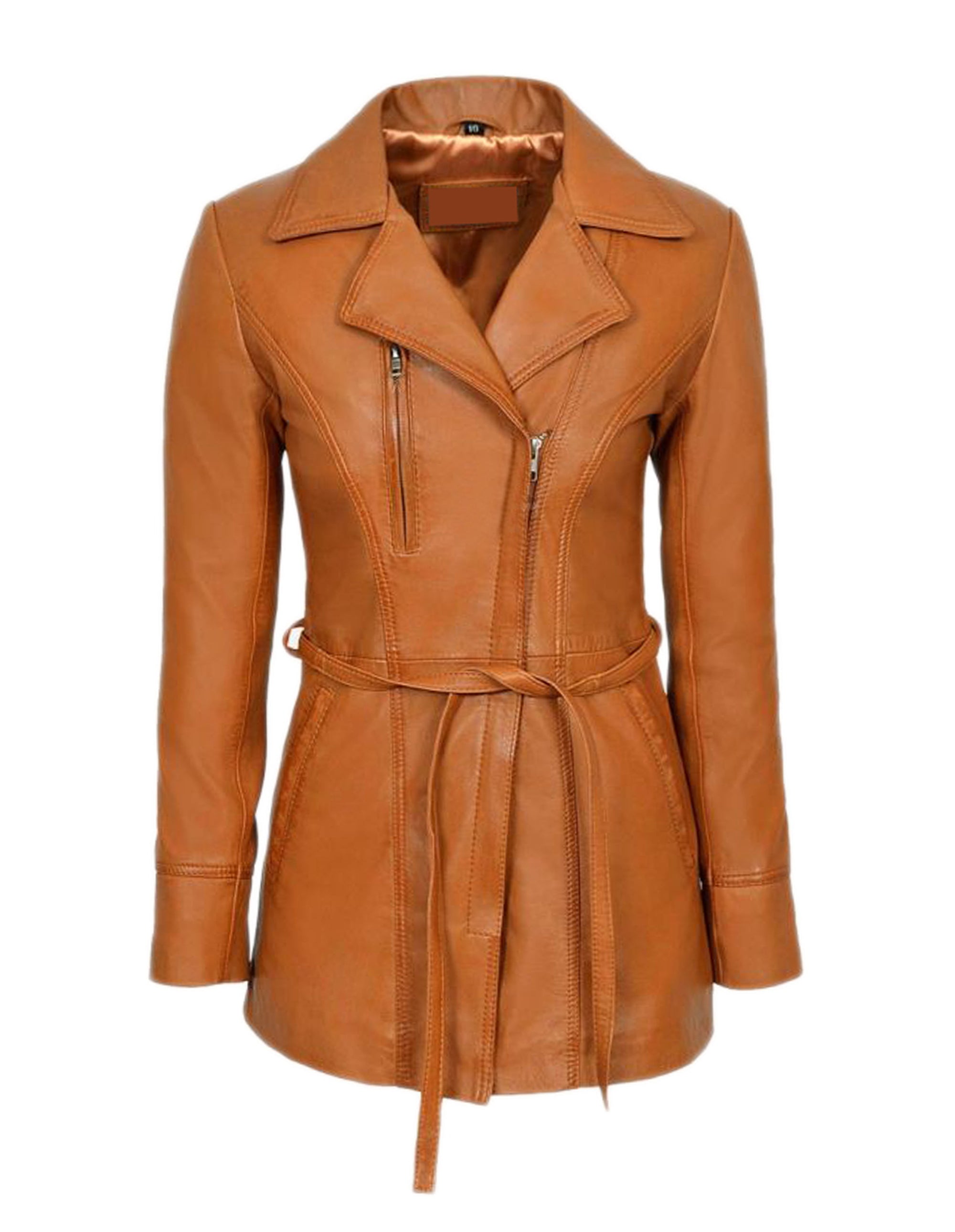 Three Quarter Tan Leather Trench Coat For Women