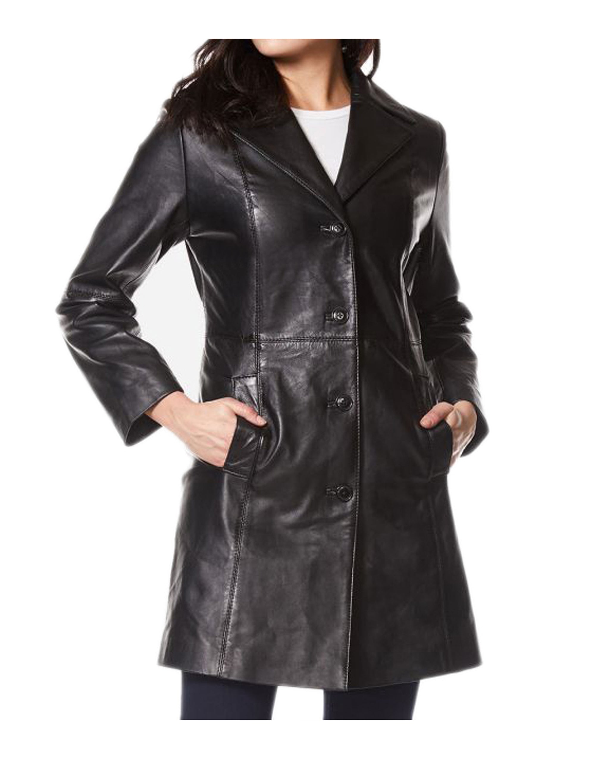 Three Quarter Black Leather Trench Coat For Women