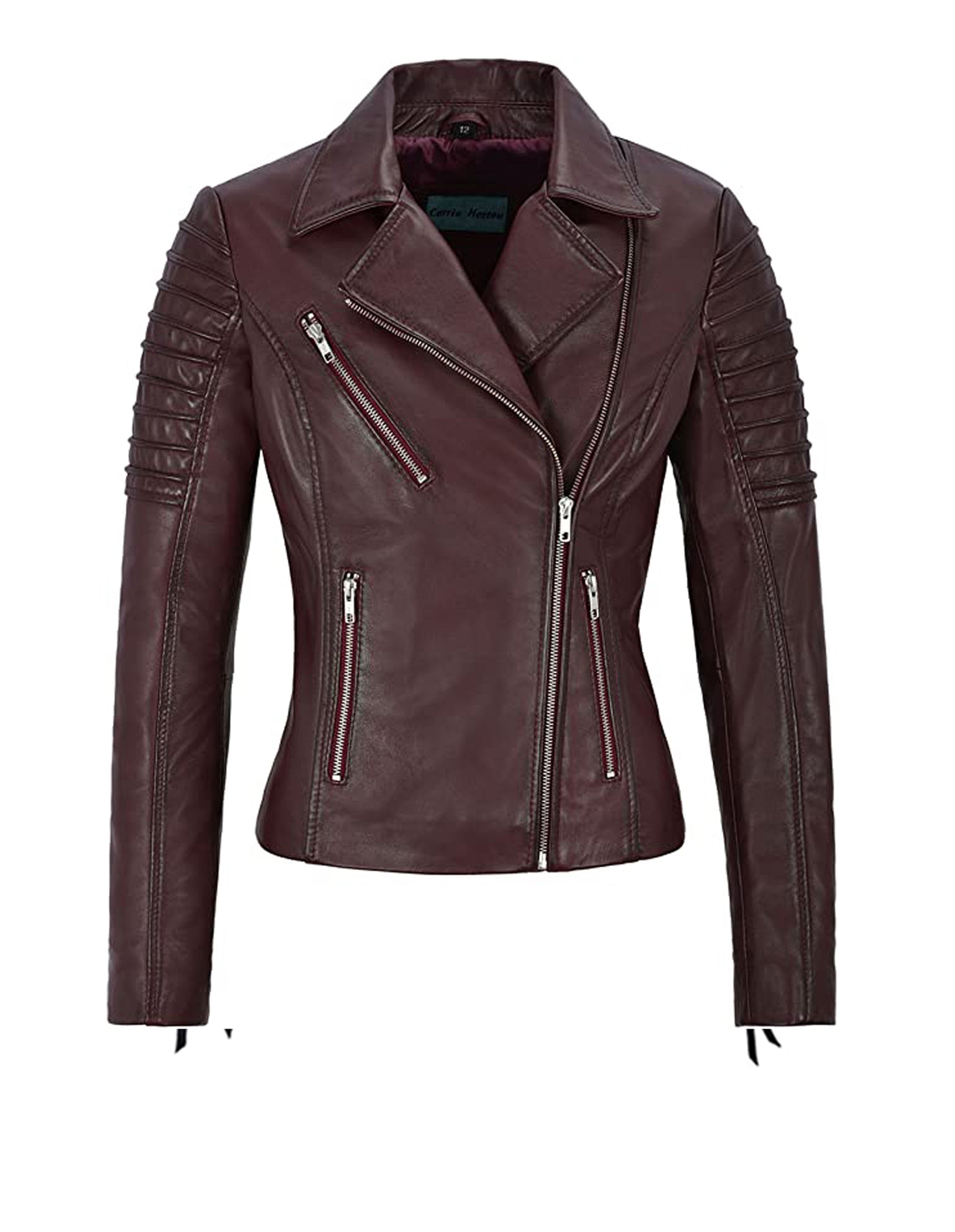 Women's Burgundy Biker Motorcycle Sheepskin Leather Jacket