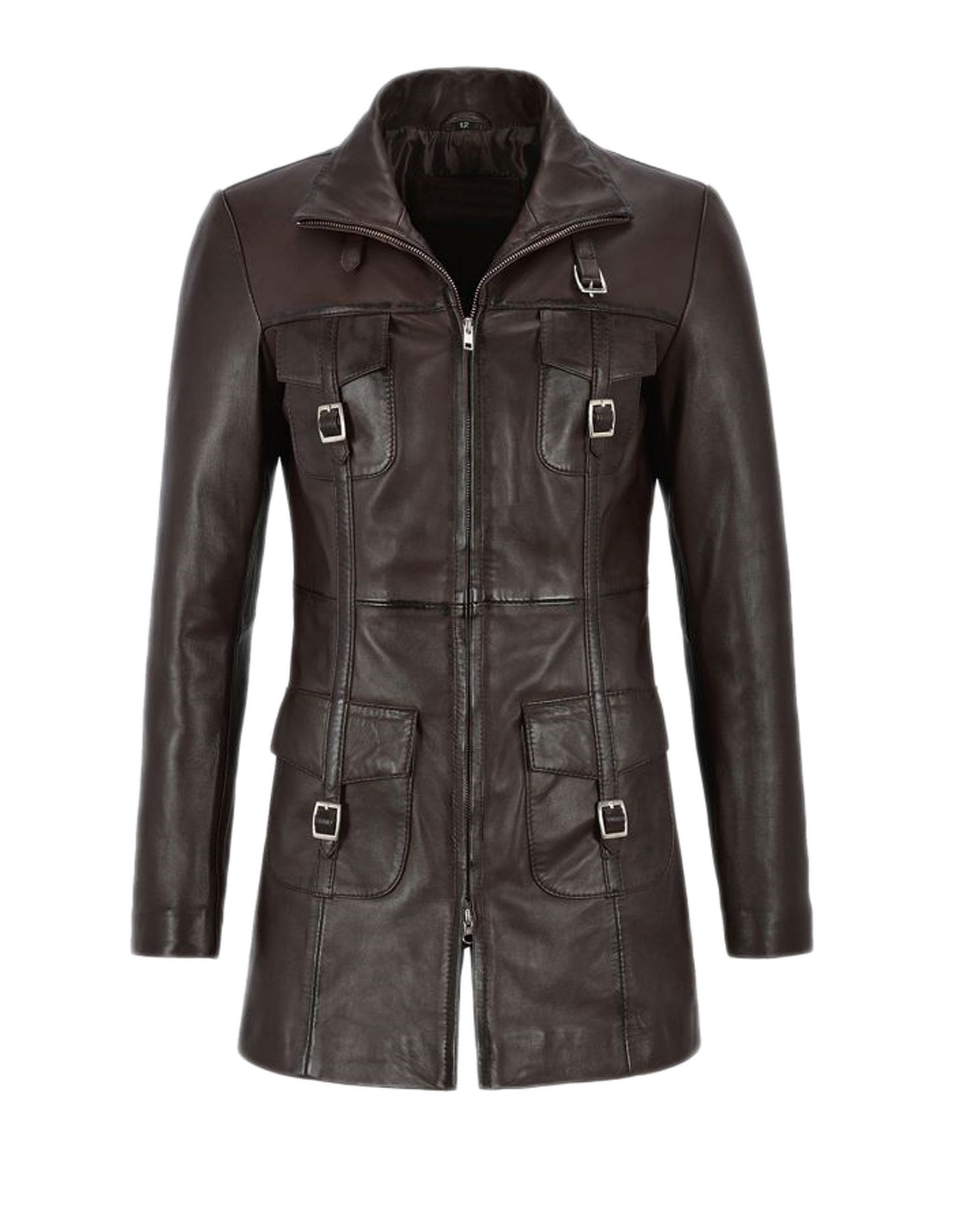 Four Button Three Quarter Leather Coat For Women