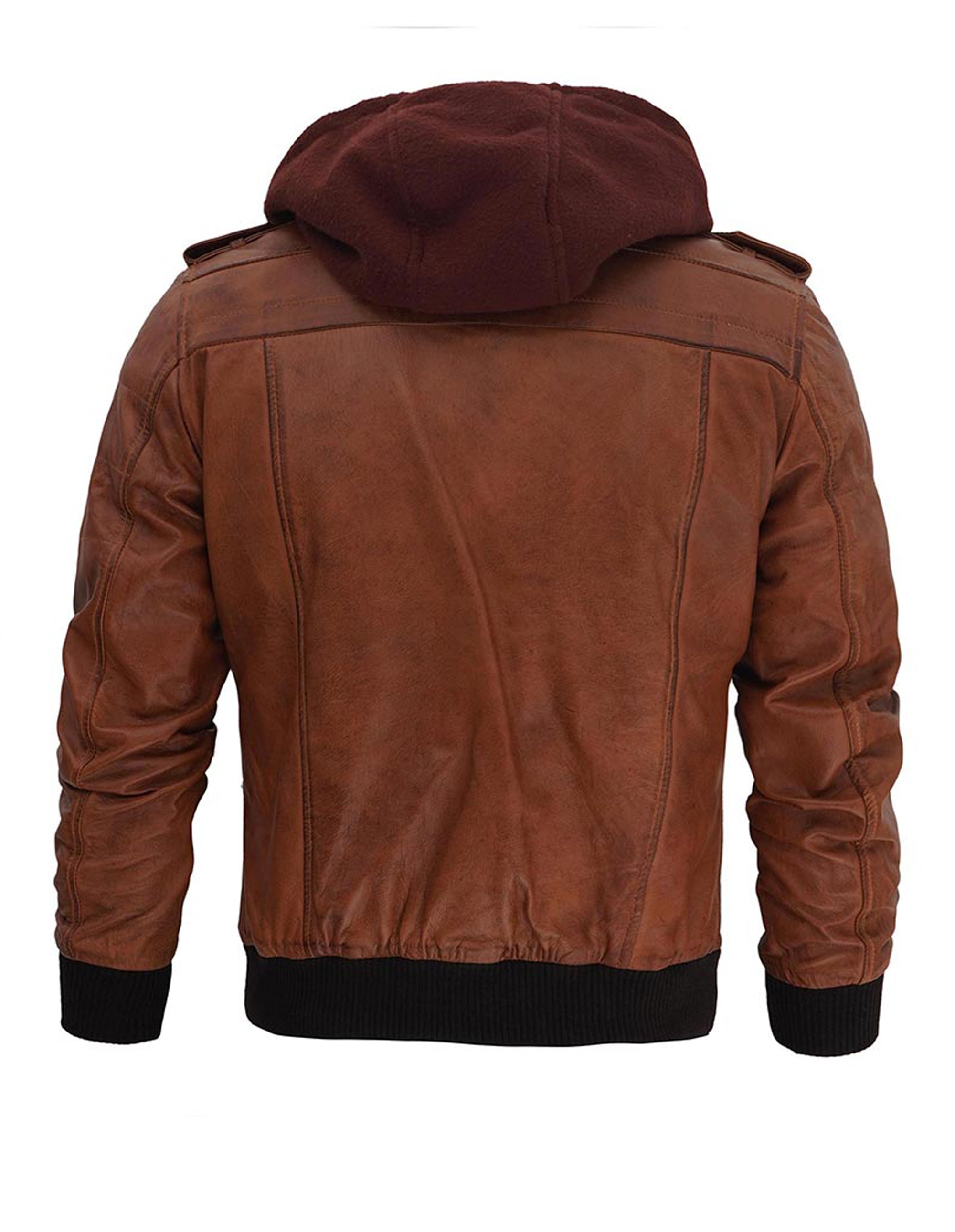 Men Brown Leather Motorcycle Jacket with Removable Hood