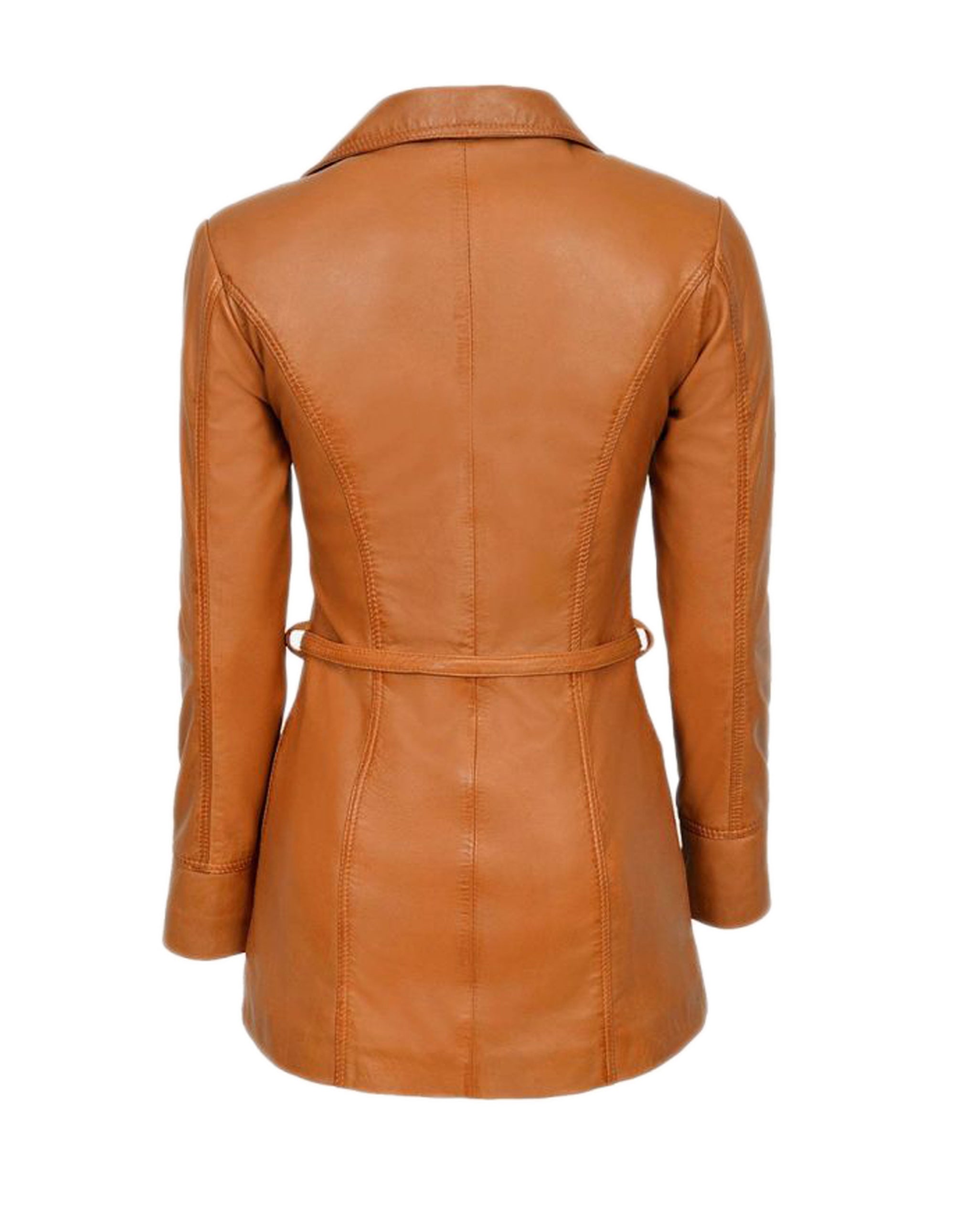 Three Quarter Tan Leather Trench Coat For Women