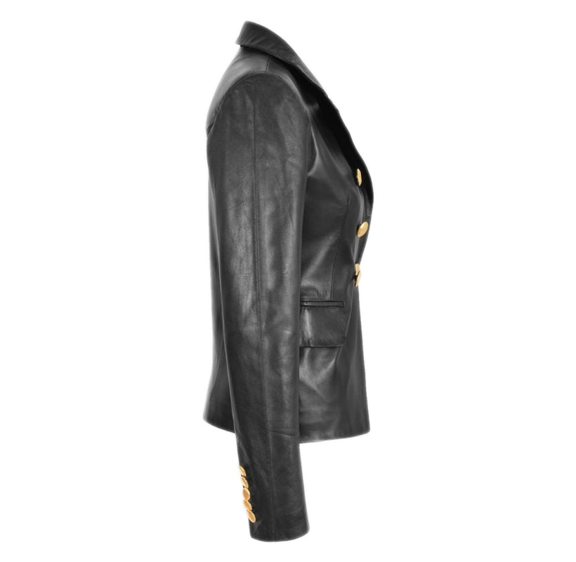Women's Golden Button Black Leather Blazer Coat