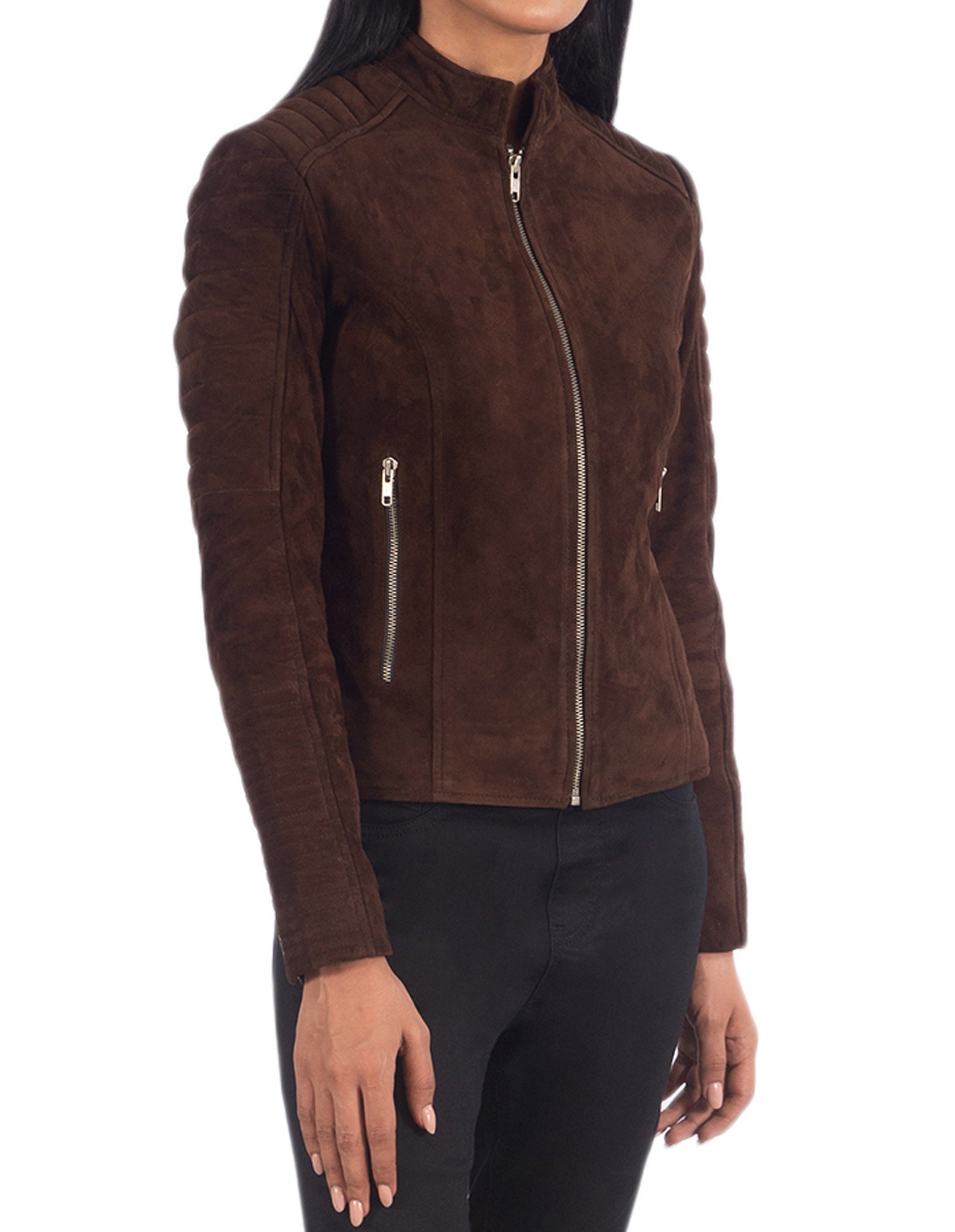 Dark Brown Suede Biker Leather Jacket For Women