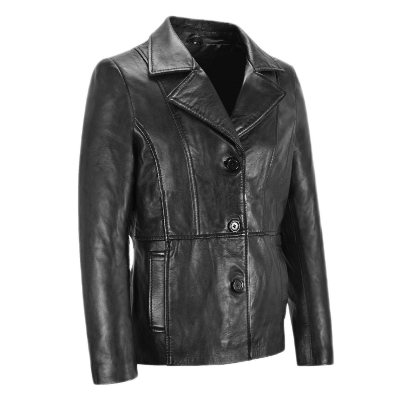 Women's Three Button Black Leather Blazer Coat