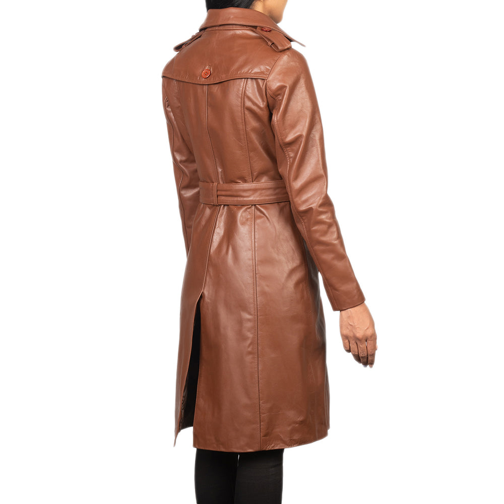 Tan Casual German Style Leather Trench Coat For Women