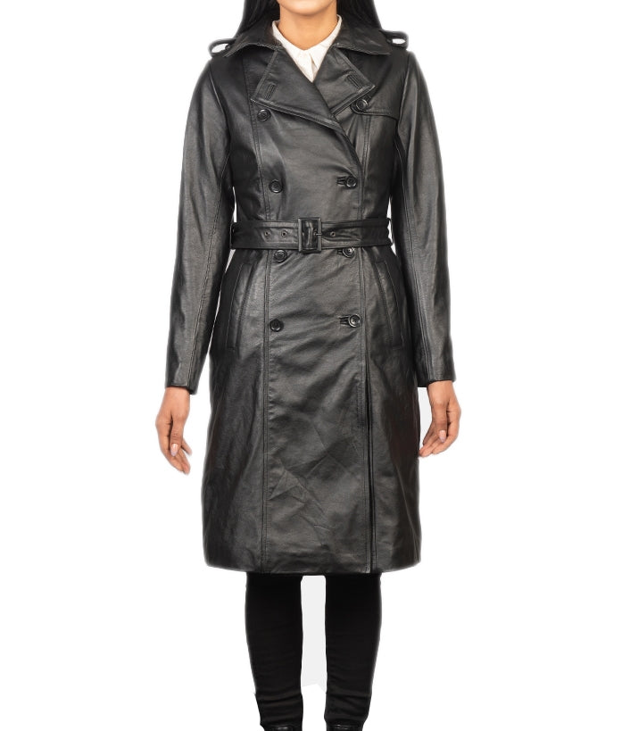 Black Casual German Style Leather Trench Coat For Women