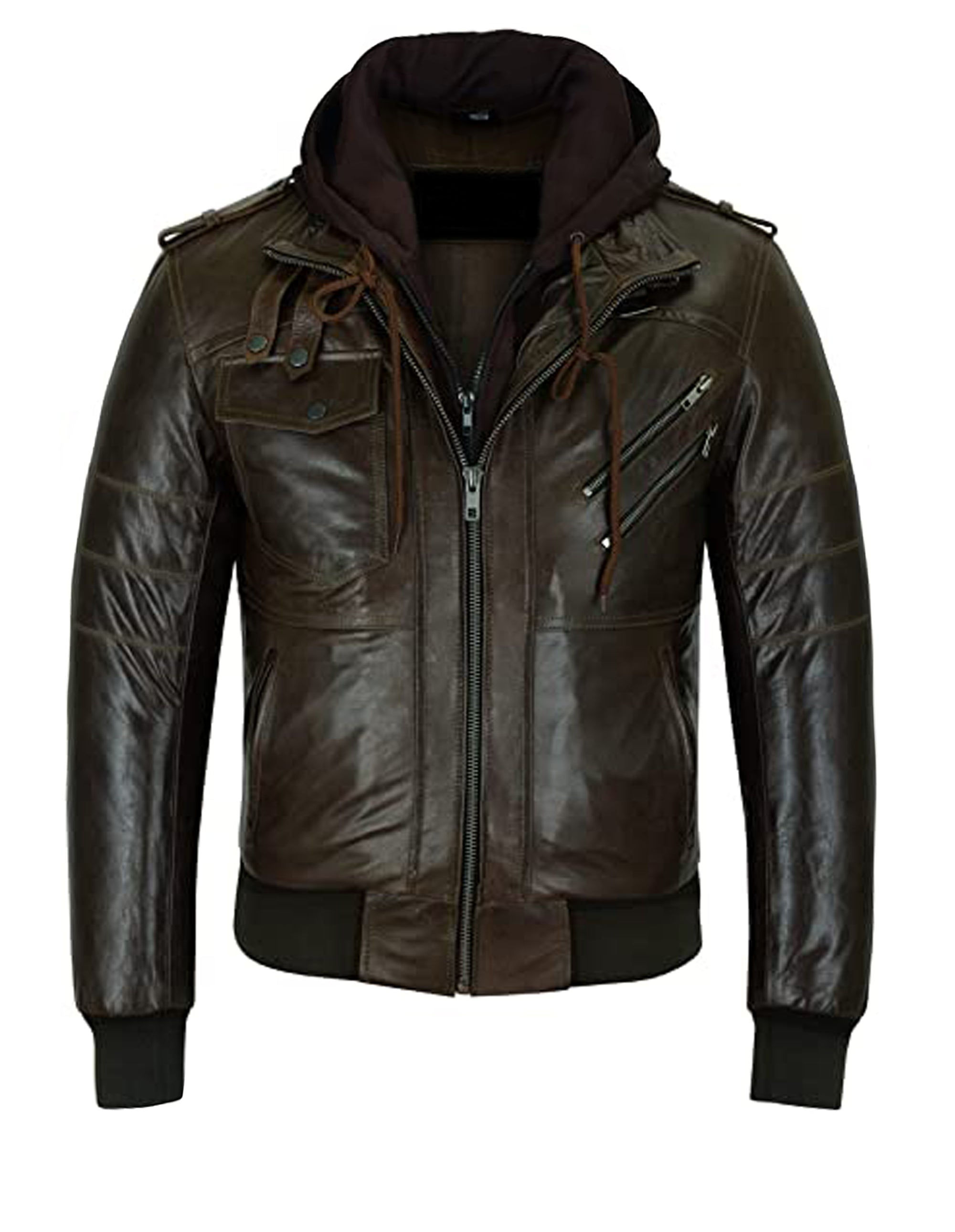 Men Brown Waxed Leather Casual Jacket with Removable Hood