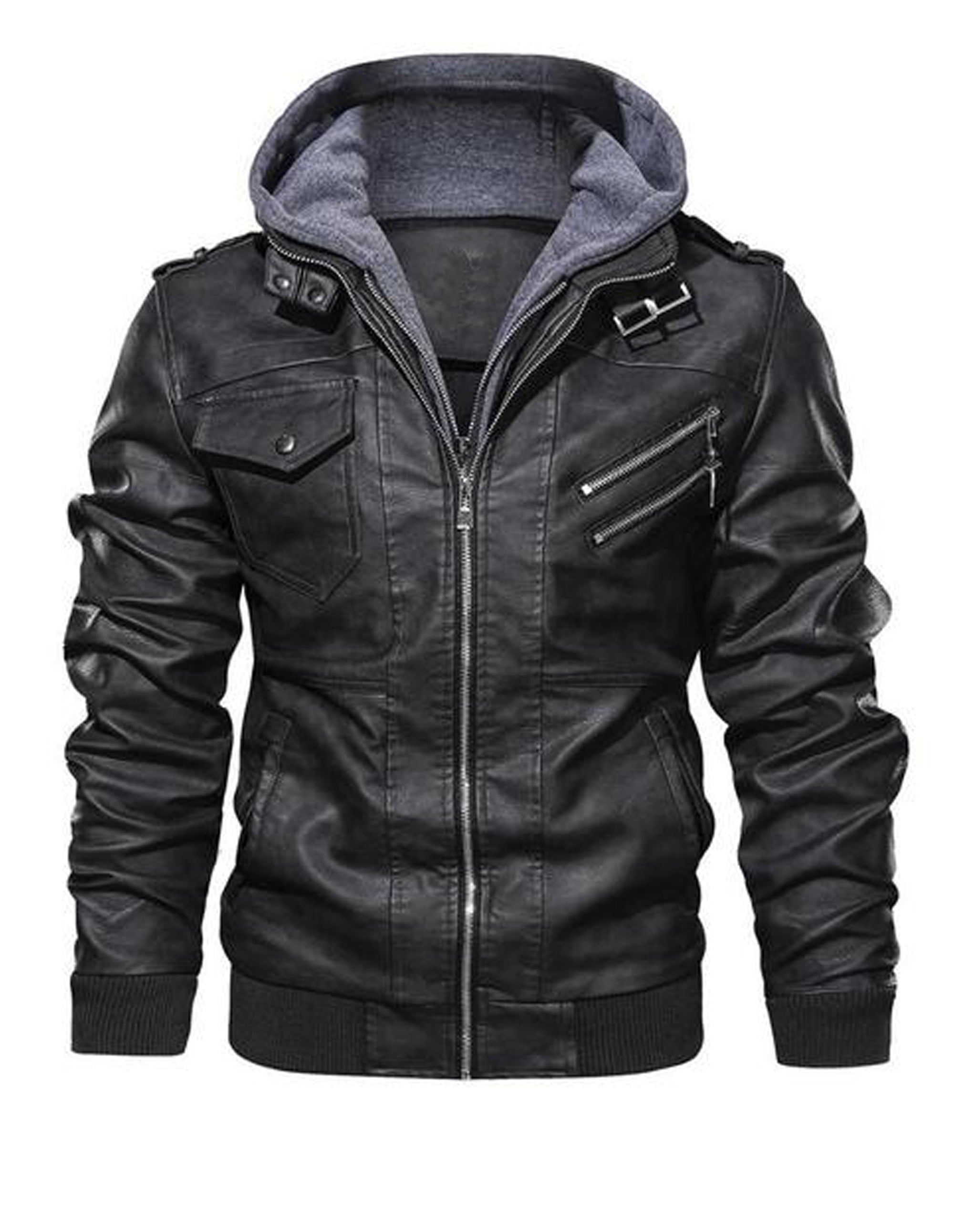 Men Black Leather Motorcycle Jacket with Removable Hood