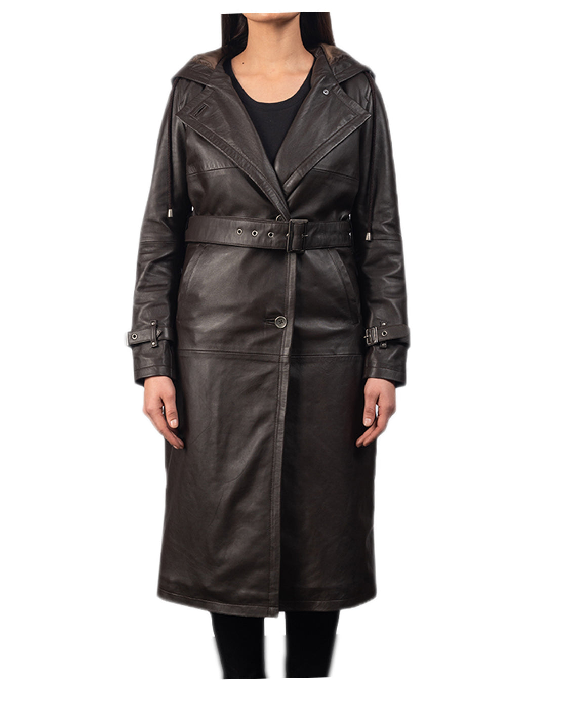 Brown Classic Leather Trench Coat For Women