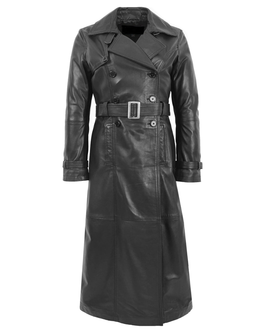 German Black Belted Leather Trench Coat For Women