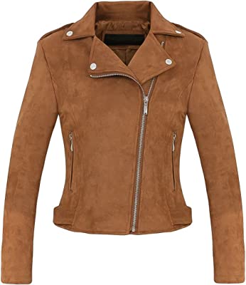 Women's Stylish Notched Collar Zip Suede Leather Biker Jacket