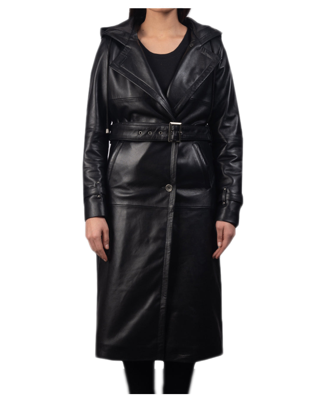 Black Classic Leather Trench Coat For Women