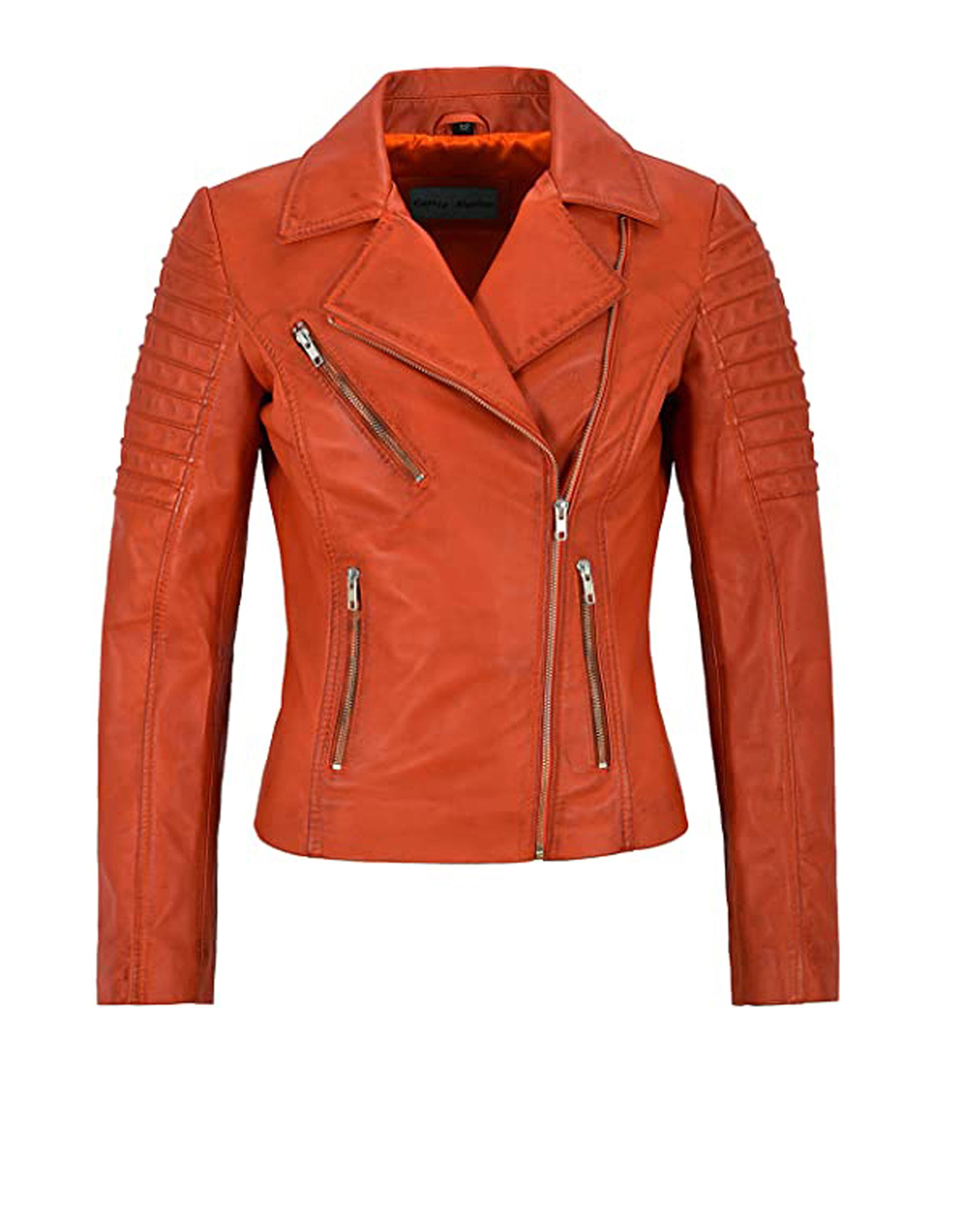 Women's Waxed Red Biker Motorcycle Sheepskin Leather Jacket