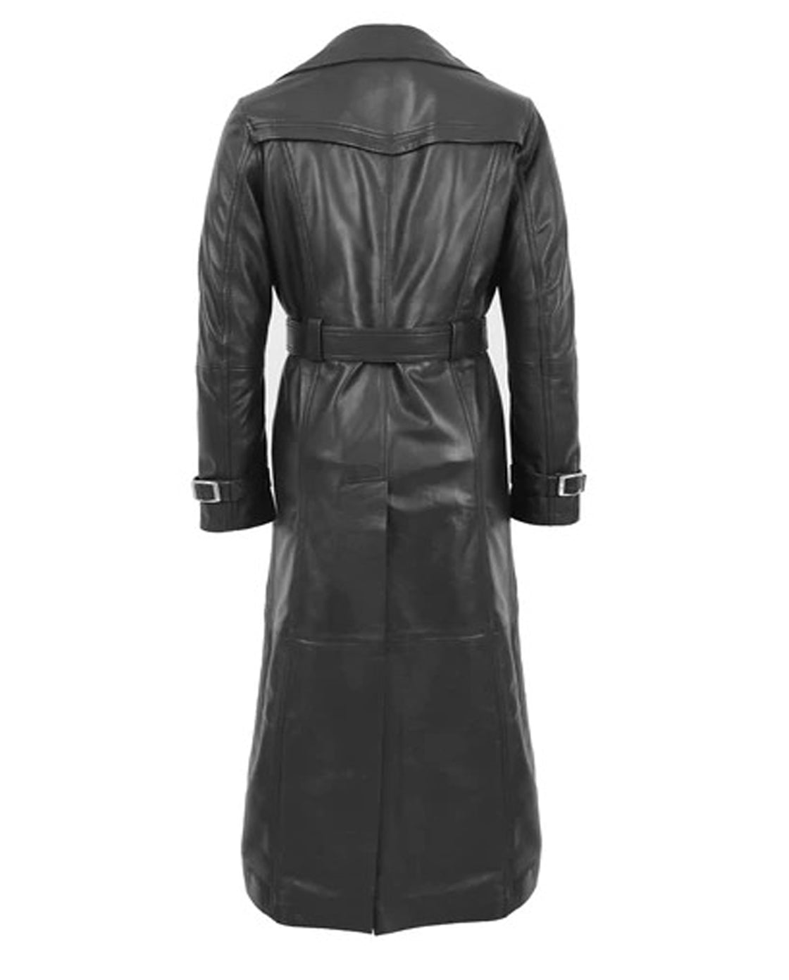 German Black Belted Leather Trench Coat For Women