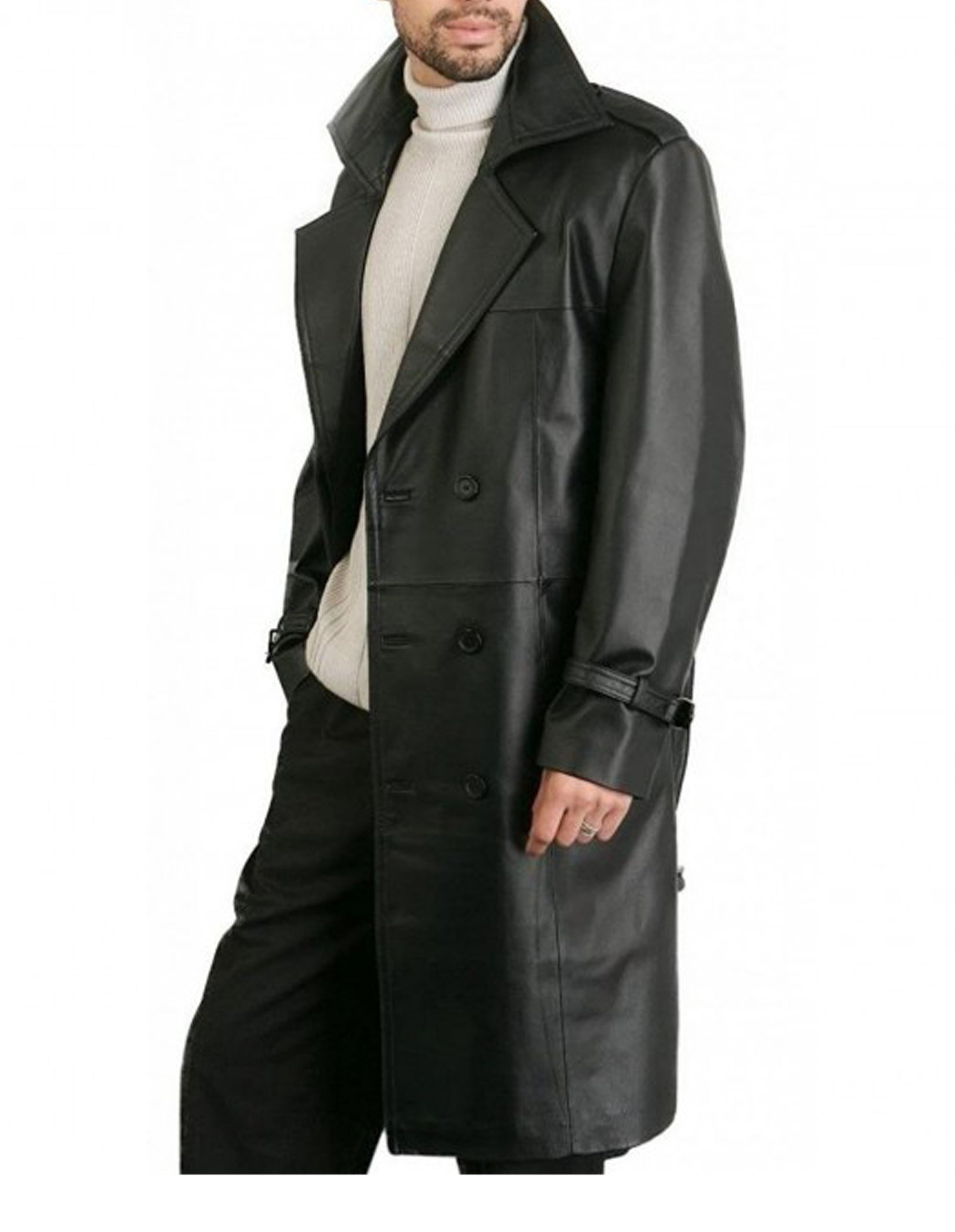 Double Breasted Black Sheepskin Leather Coat For Men