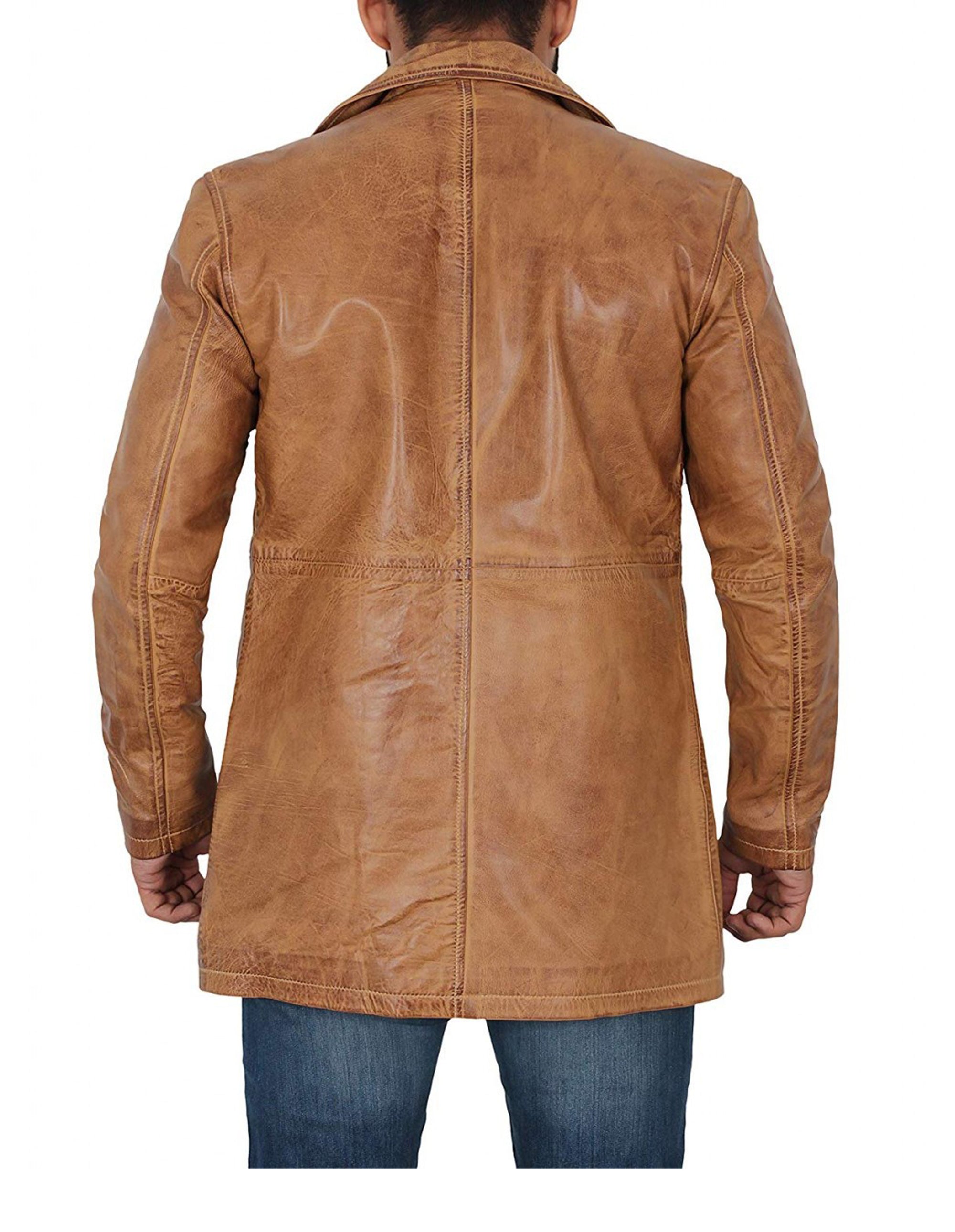 Three Quarter Distressed Tan Leather Coat For Men