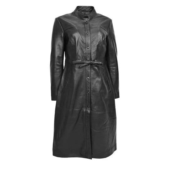 Black Casual Leather Trench Coat For Women