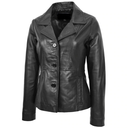 Women's New Black Sheepskin Leather Blazer Coat
