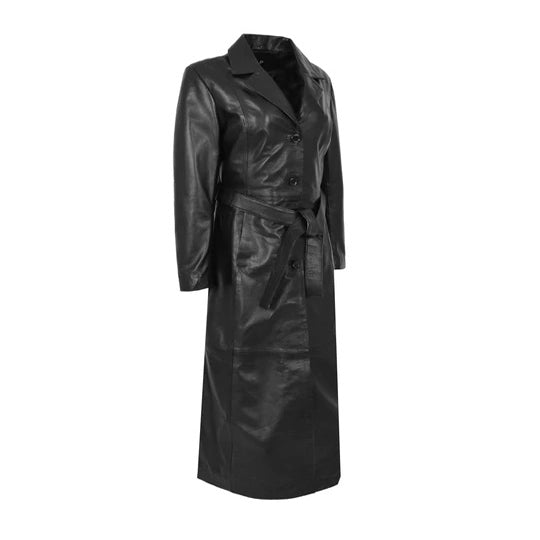 Black Belted Leather Trench Coat For Women