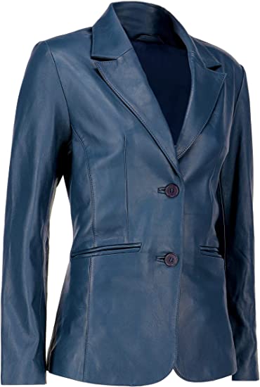 Women's Blue Sheepskin Leather Blazer Coat
