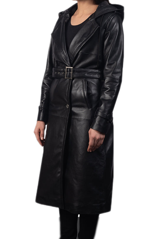 Black Classic Leather Trench Coat For Women