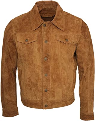 Men's Trucker Casual Tan Goat Suede Leather Shirt Jeans Jacket