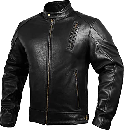 Mens Leather Motorcycle Jackets Black Moto Riding Motorbike Racing Cafe Racer Biker Jacket CE Armored (M)