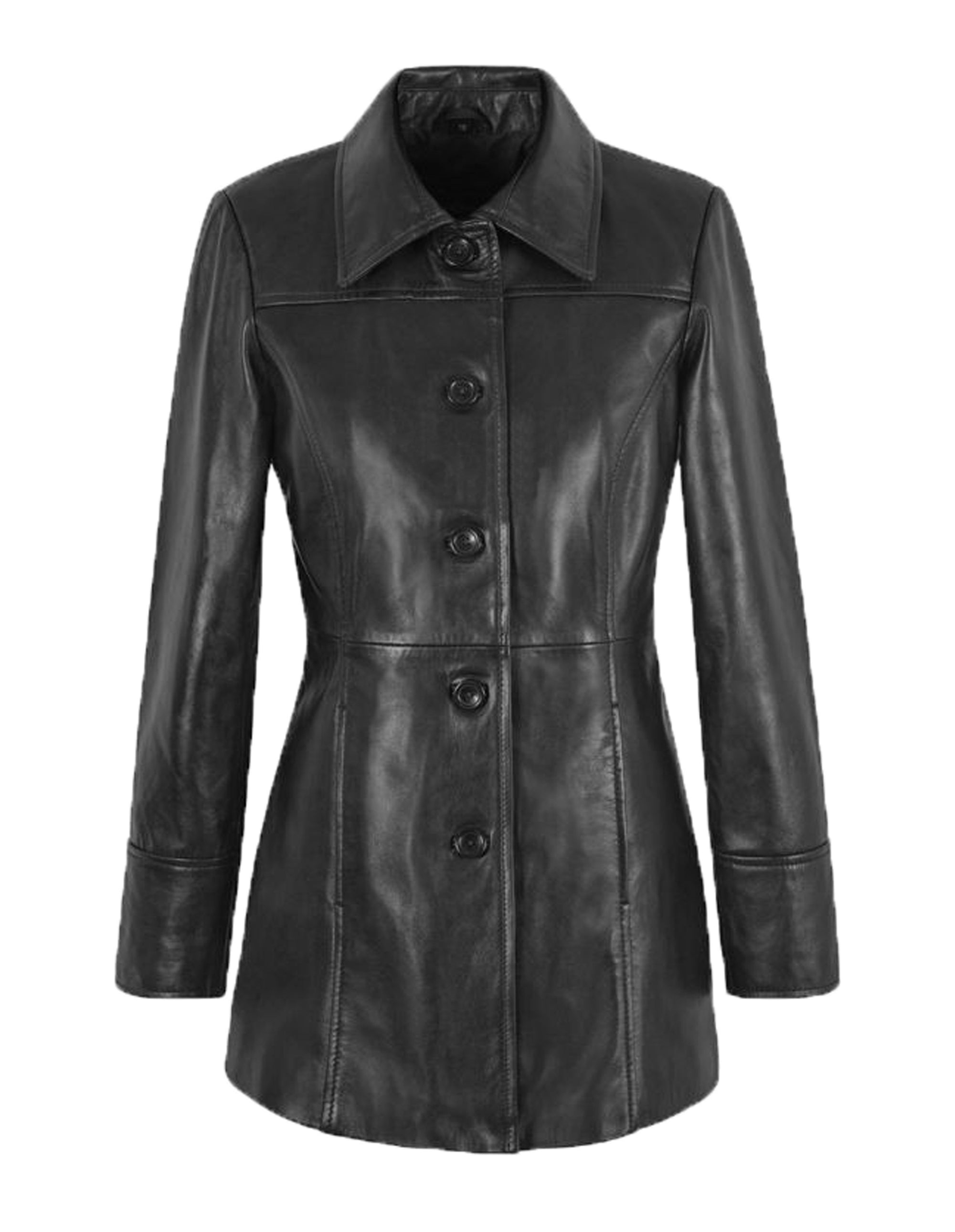Black Casual Three Quarter Leather Trench Coat For Women