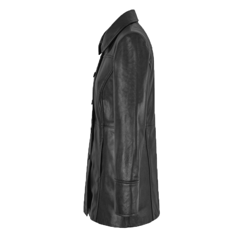 Black Casual Three Quarter Leather Trench Coat For Women