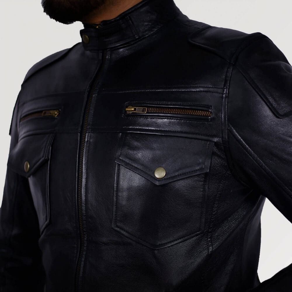 Mens Real Leather Plain Black Motorcycle Jacket
