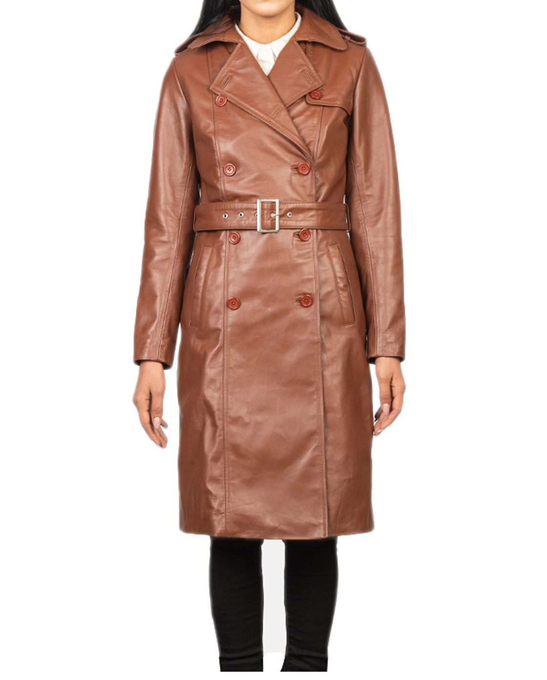 Tan Casual German Style Leather Trench Coat For Women