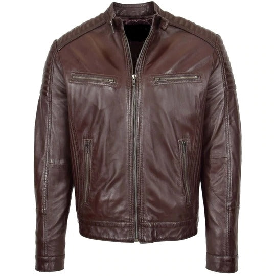 Quilted Brown Leather Jacket Men