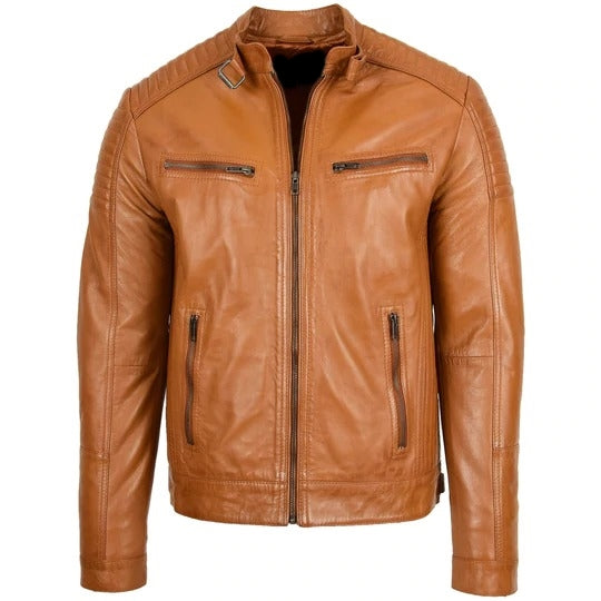 Quilted Tan Leather Jacket Men