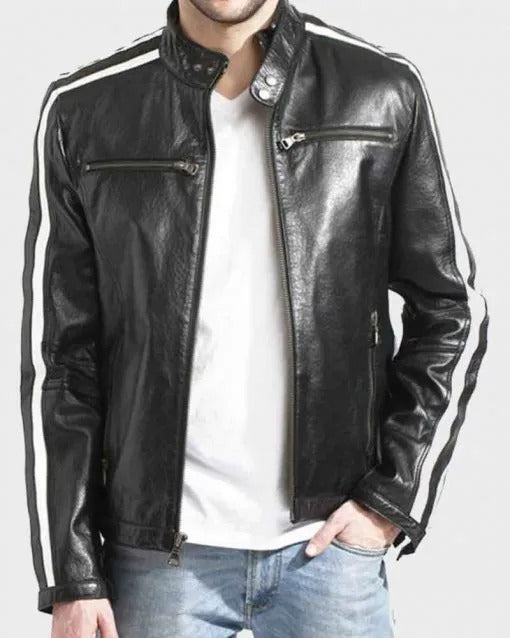 Men's White Striped Black Cafe Racer Leather Jacket