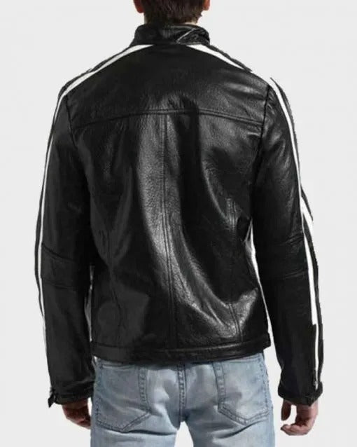 Men's White Striped Black Cafe Racer Leather Jacket