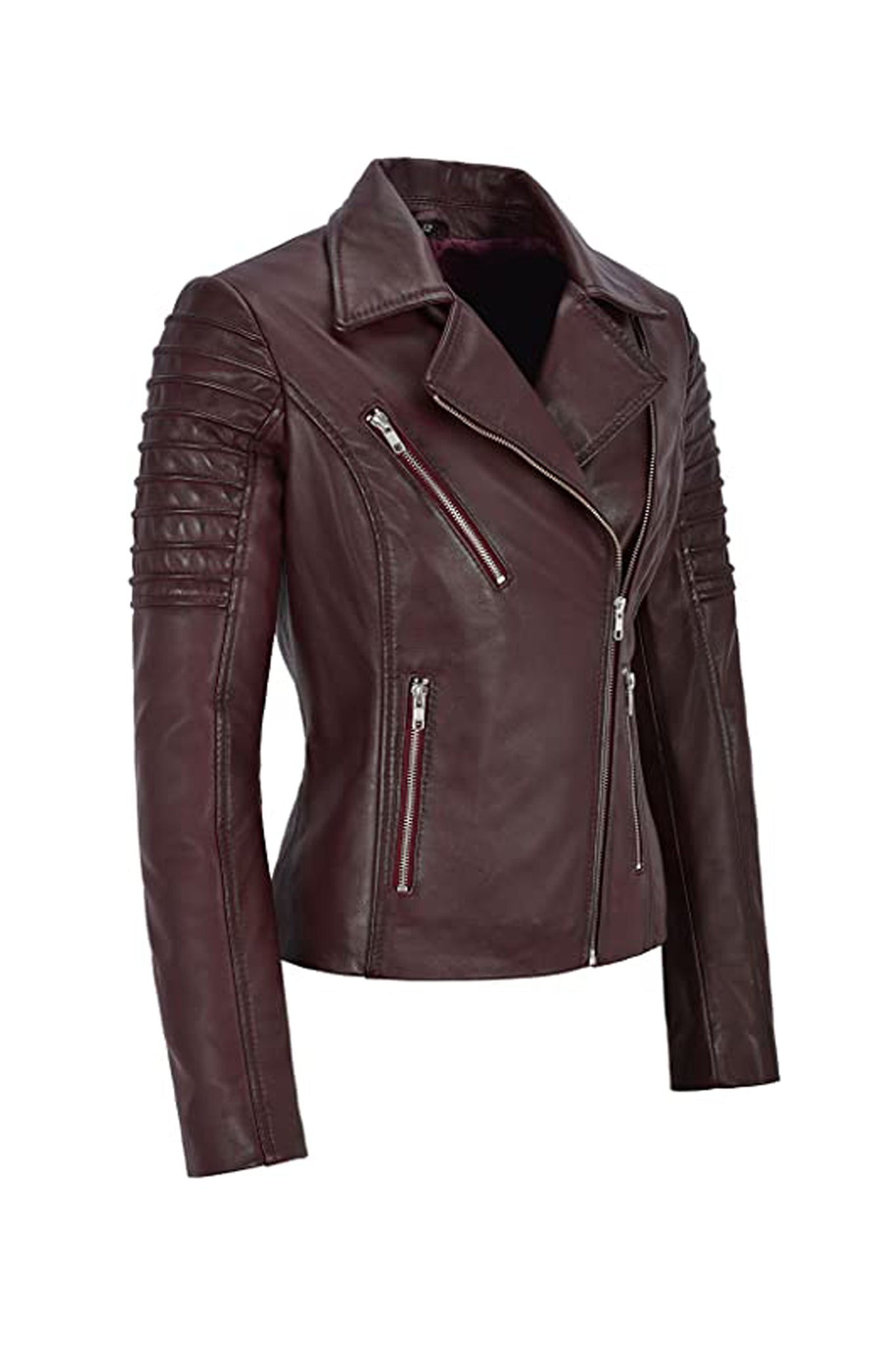 Women's Burgundy Biker Motorcycle Sheepskin Leather Jacket