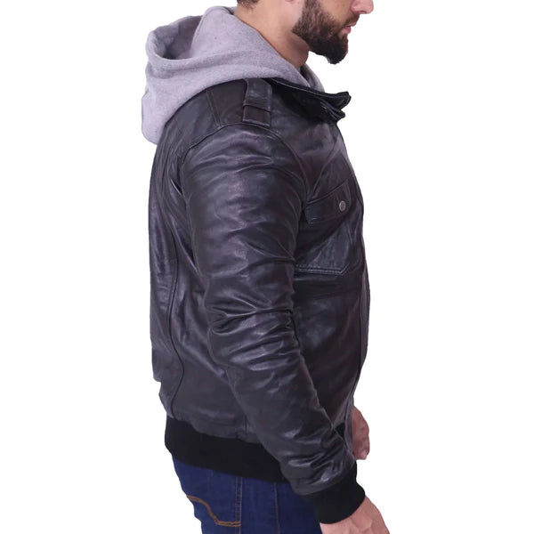 Men Black Leather Casual Motorcycle Jacket with Removable Hood