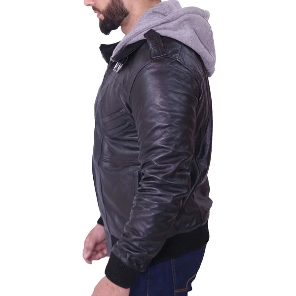 Men Black Leather Casual Motorcycle Jacket with Removable Hood