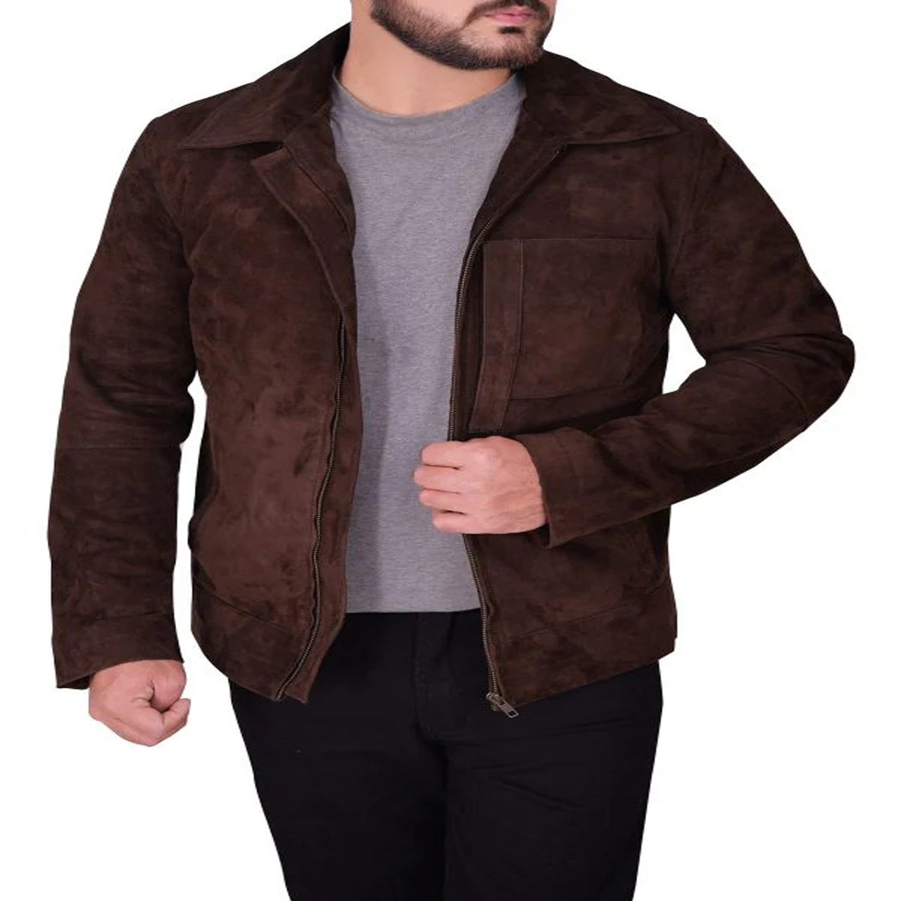 Men's Designer Dark Brown Suede Zipper Biker Genuine Leather Jacket South Beach Leather