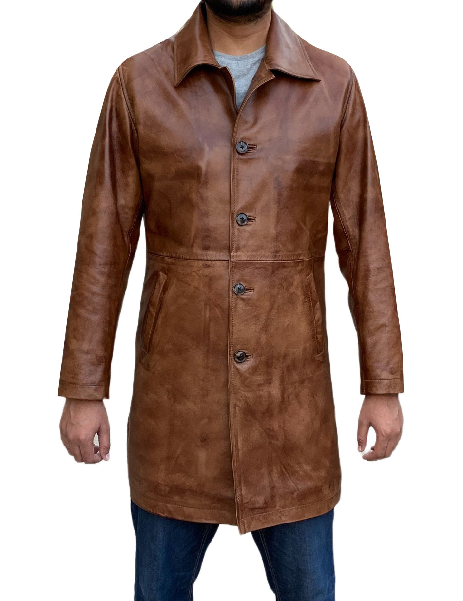 Two Quarter Wax Brown Leather Coat For Men